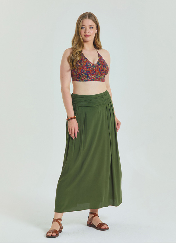 Khaki Plus Size Skirt with Elastic Waist and Drape Detail 4602